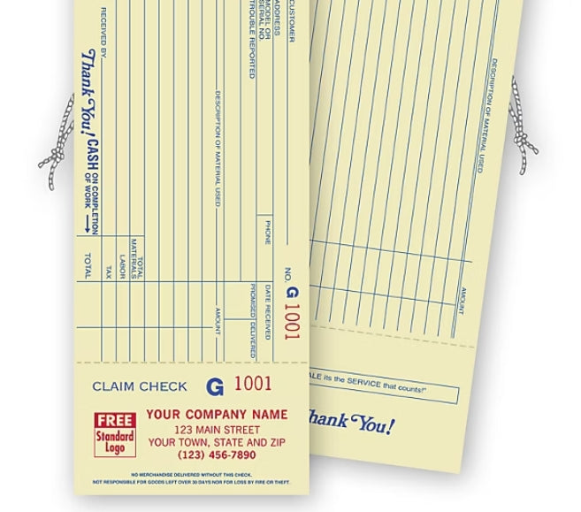 Repair Tags w/ Detachable Claim Check, 1 Part, Manilla